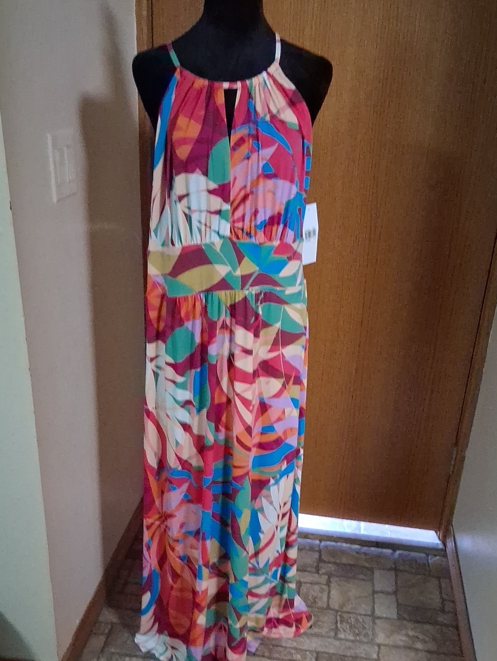 London Times Multicolor Halter Maxi Dress in Pink, Blue & Green